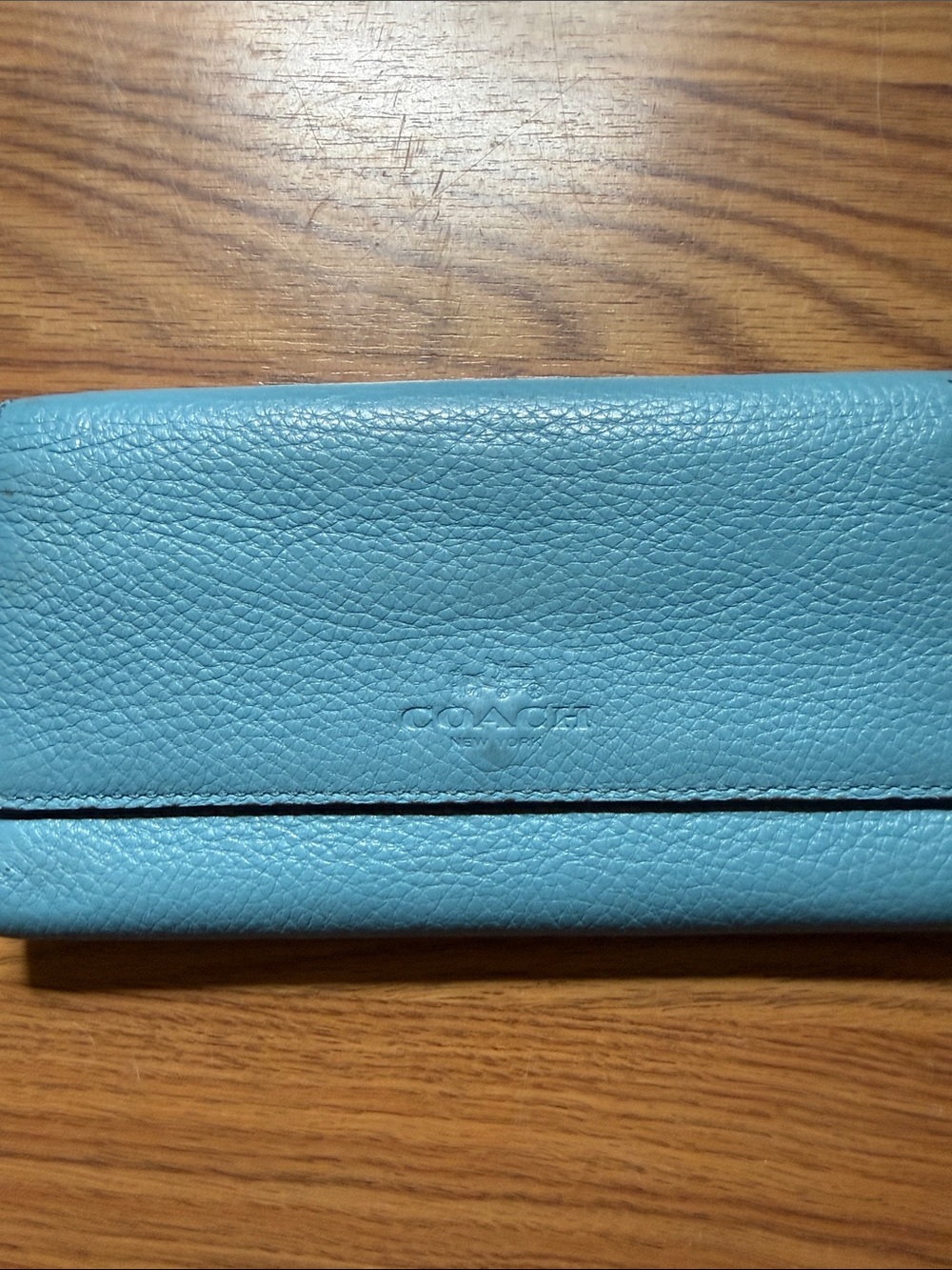 Coach Pebbled Leather Continental Wallet in Turquoise Blue
